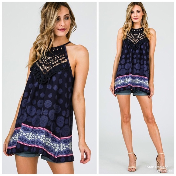 💗Navy Crochet/Lace Halter Style Tunic! - Picture 2 of 3